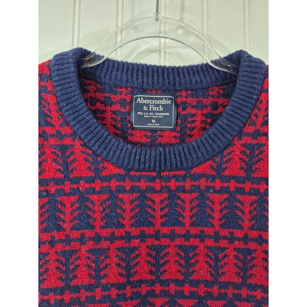Vintage Abercrombie & Fitch Mens Navy Blue Red Fair Isle Tree Pattern Sweater M - Picture 3 of 9